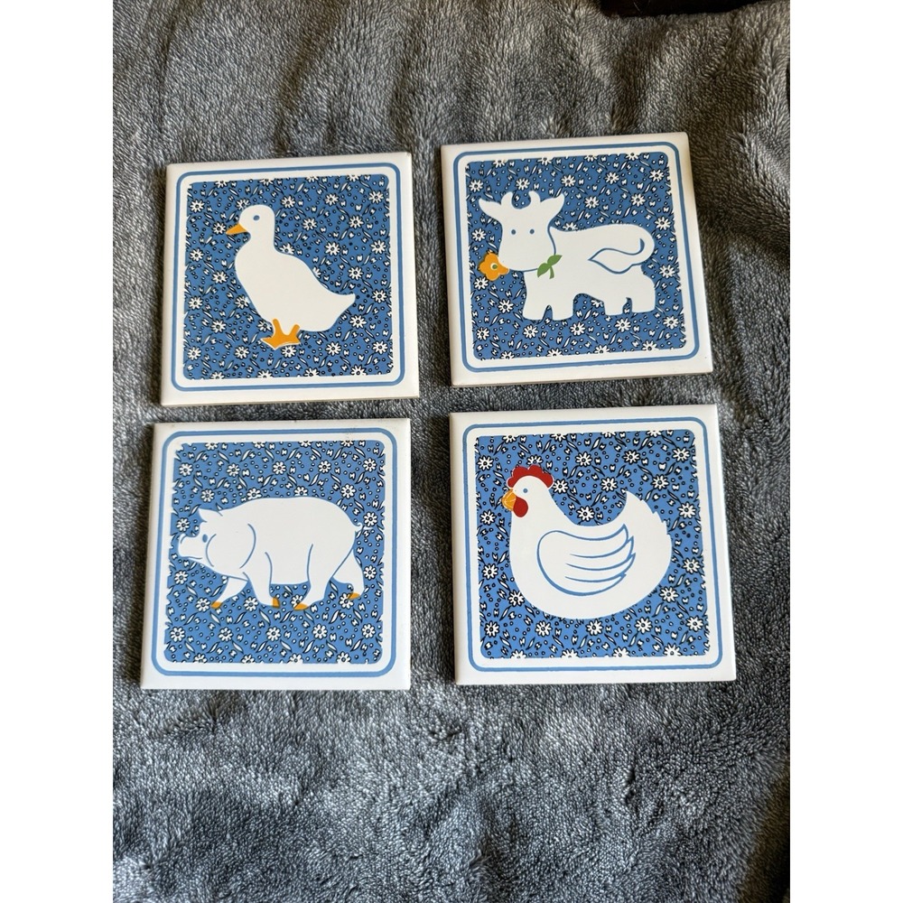 Vintage Farm Animal Ceramic Tile Trivets Set Farmhouse Duck Chicken Cow Pig